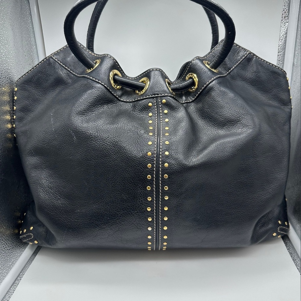 Michael Kors, leather large sack bag, gold buttons, middle snap.
